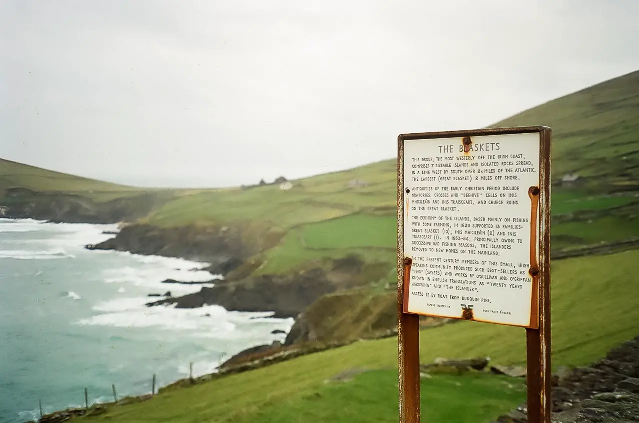 Slea Head with informational sign about the Blasket Islands