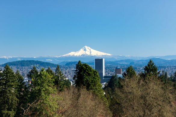 View of the city and Mt Hood from the Portland Japanese Garden