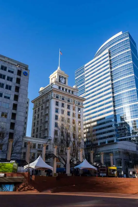 Jackson Tower from Pioneer Courthouse Square on sunny day