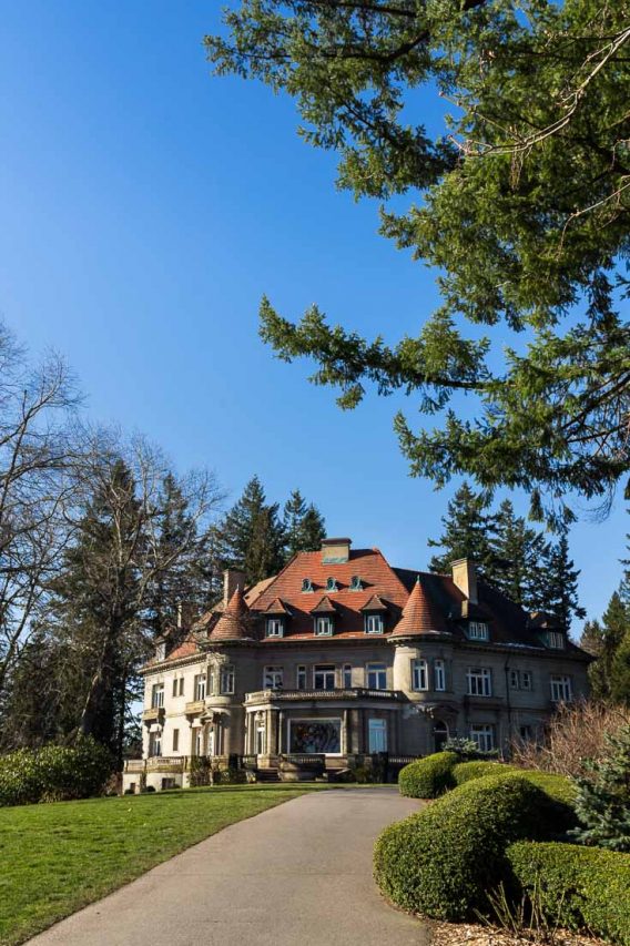 Pittock Mansion exterior with blue sky