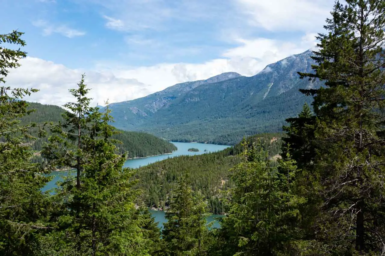 View over the turquoise waters of Ross Lake from above with evergreen forest and blue sky