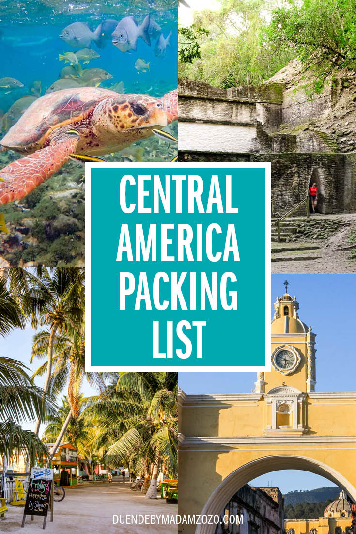 Images of sea turtles, colonial Spanish architecture, Maya ruins and palm-tree lined street with title "Central America Packing List"