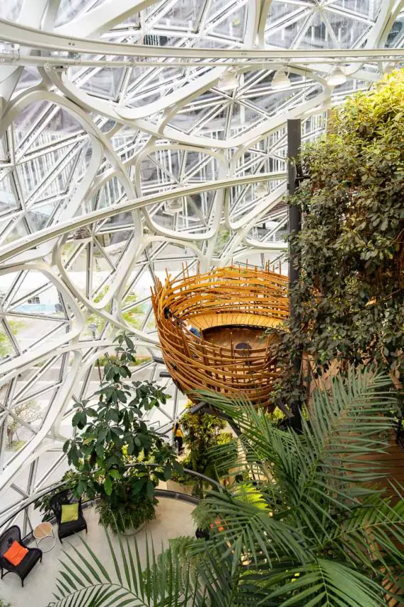 Interior of round building with glass walls and plants inside