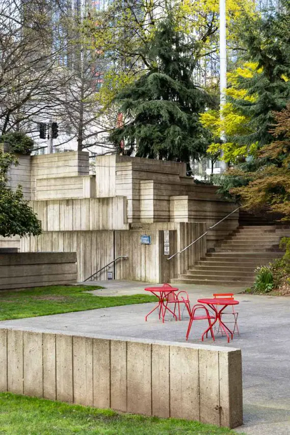 Freeway Park with its Brutalist, concrete sculptural features