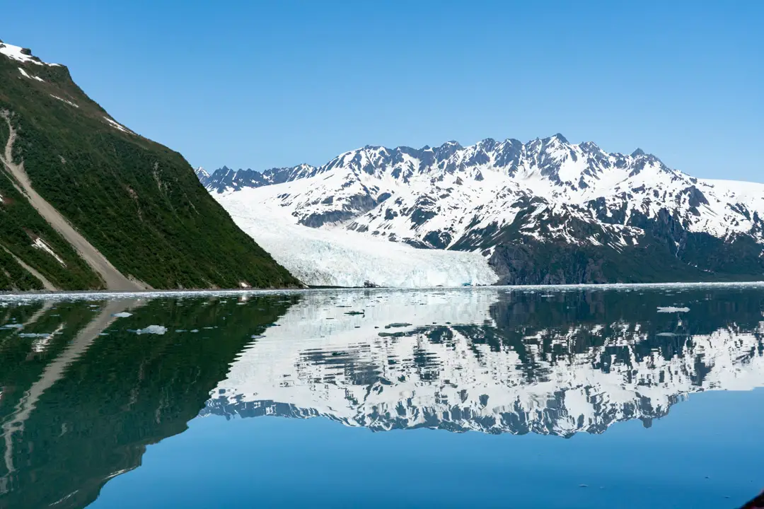 Mirror-like reflection of mountains and glacier on water