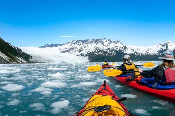 People kayaking towards a glacier in the distance, surrounded by small icebergs.