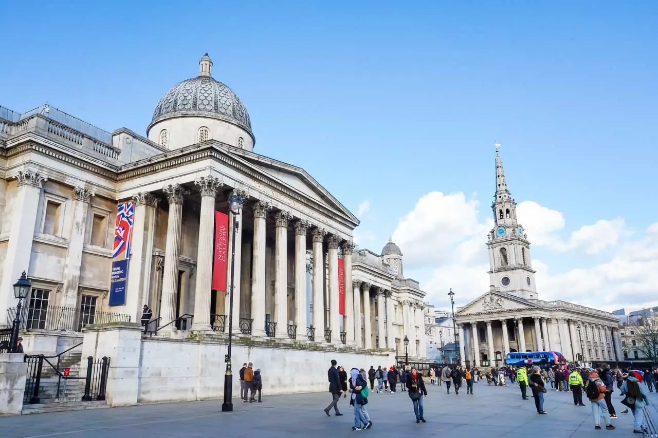Exterior of National Gallery and St Martin-in-the-Fields from Trafalgar Square