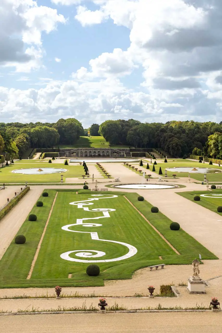 Vaux-le-Vicomte's French formal gardens viewed from the second floor of the Château