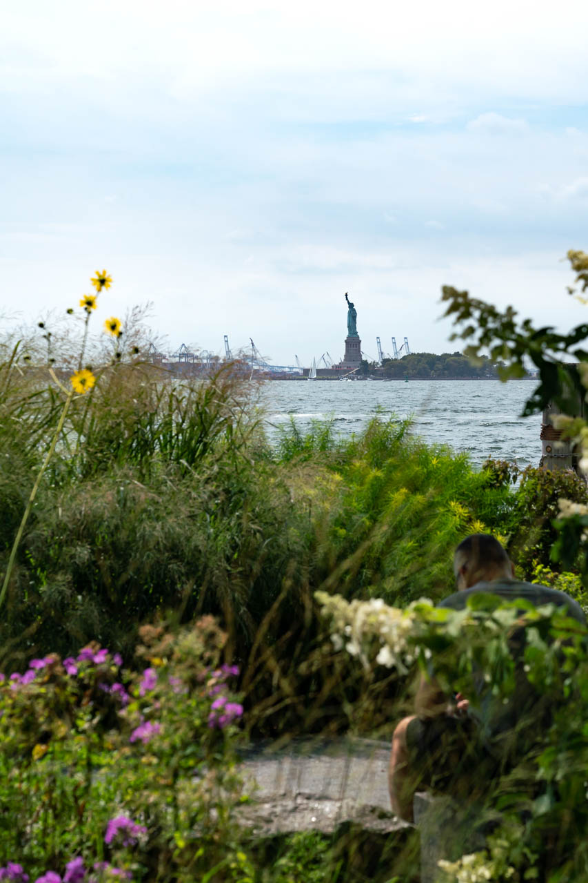 Lush bushes with colourful flowers framing view of Statue of Liberty in distance