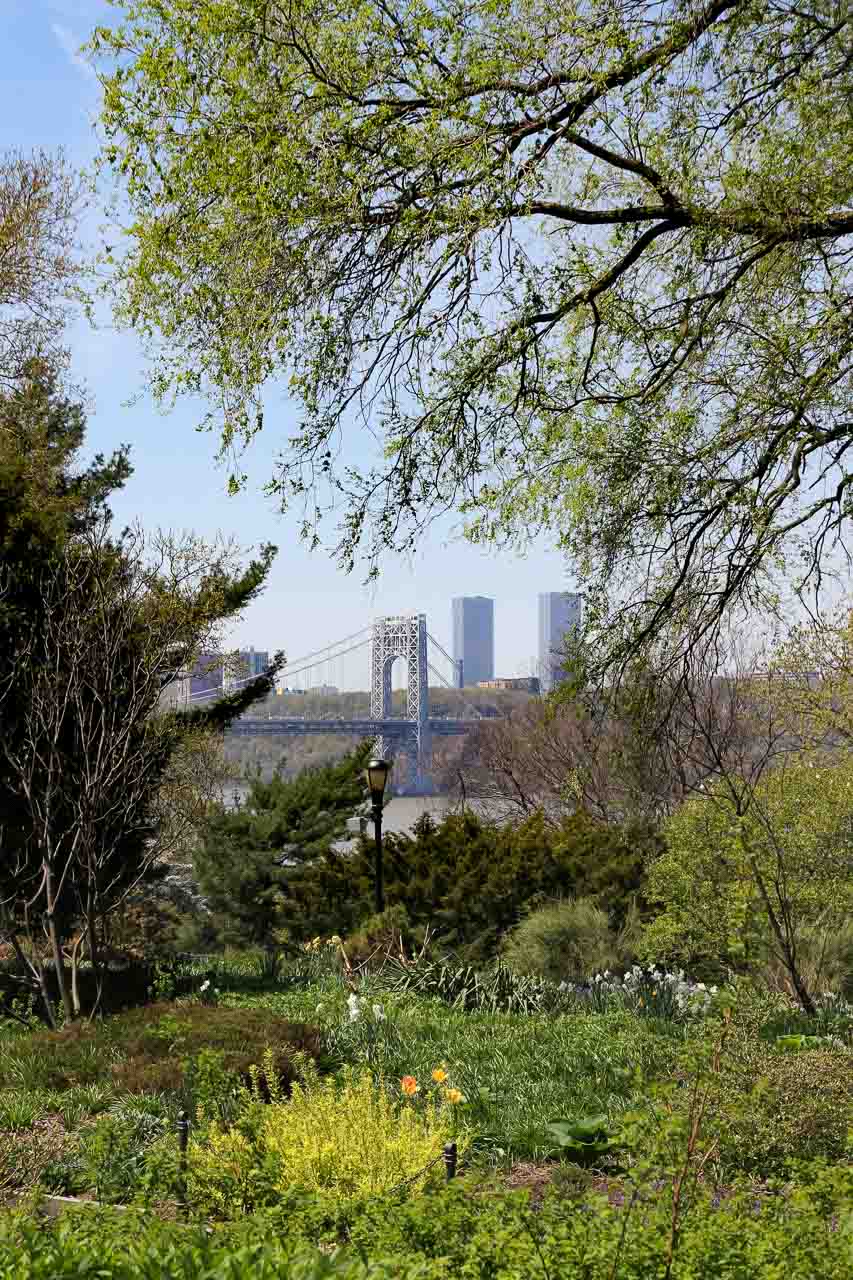 Fort Tyron Park view of George Washington Bridge framed in greenery