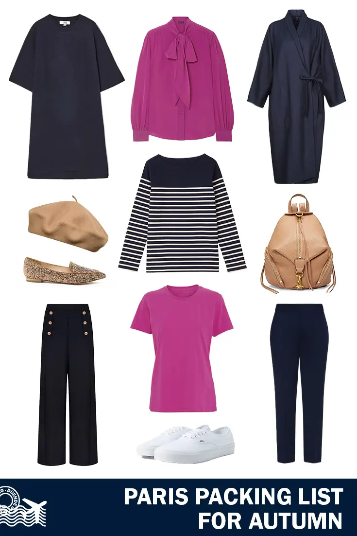 Flatlay of clothing and accessories - a sample Paris packing list for autumn
