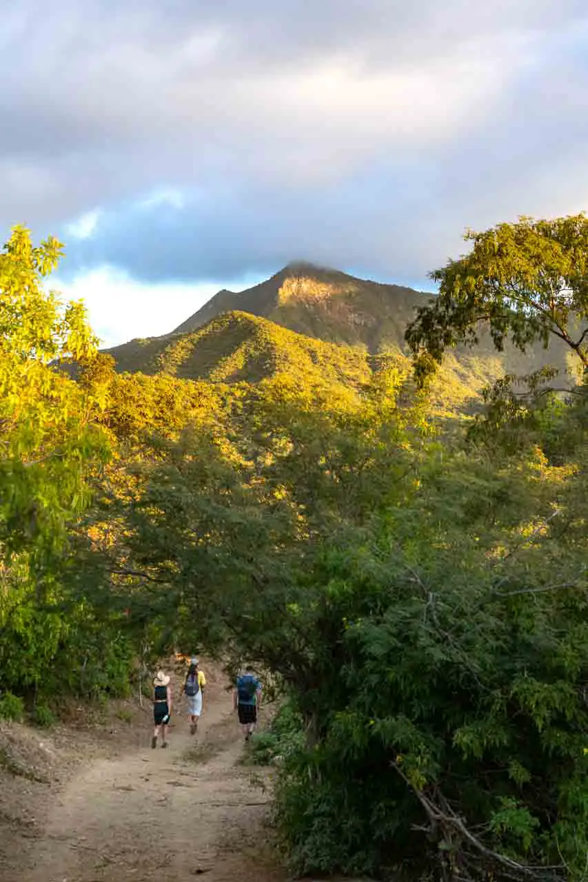 Three hikers following a track in the foreground of a sunlit mountain