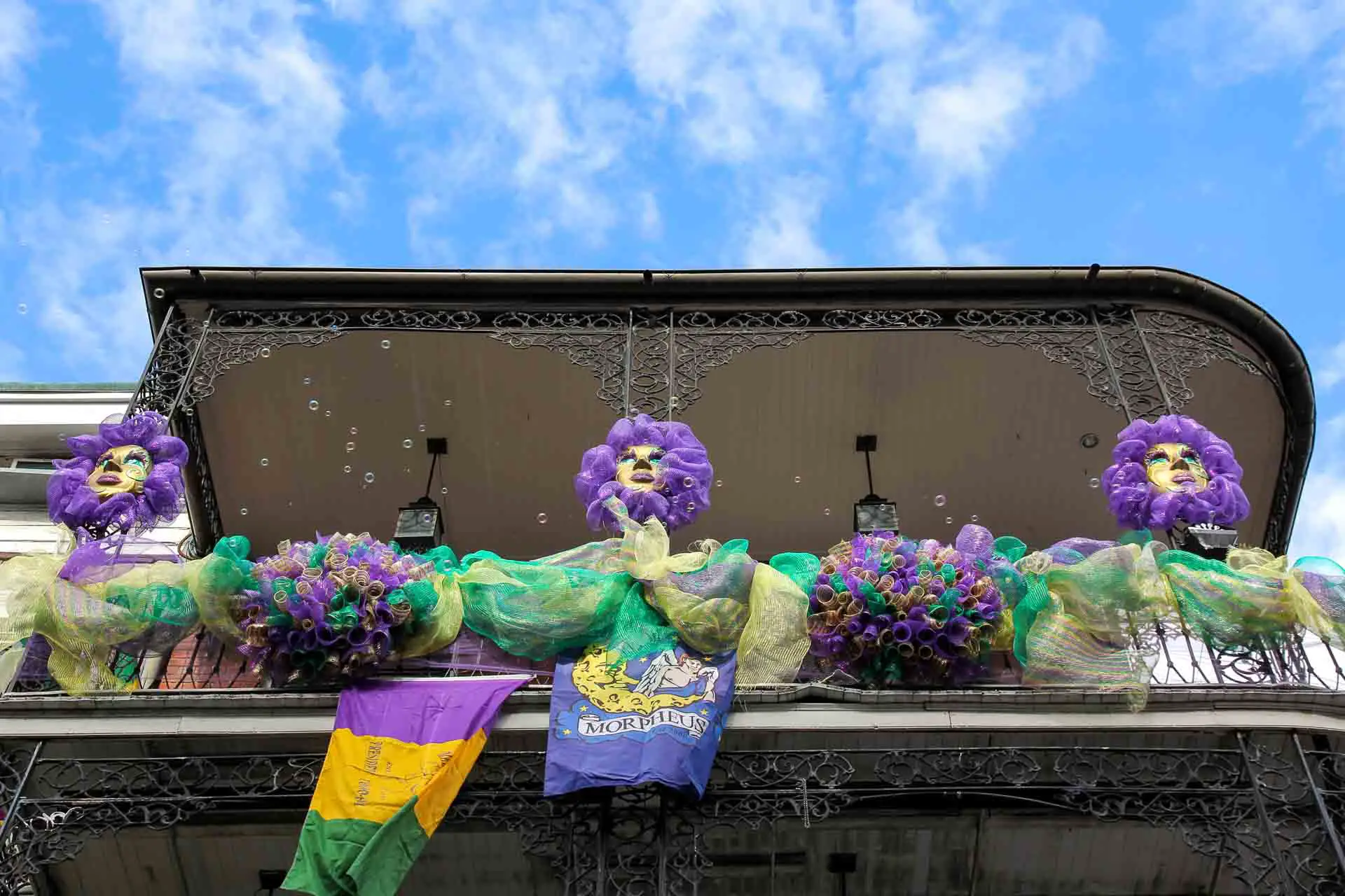 Mardi Gras decoration on a balcony in New Orleans