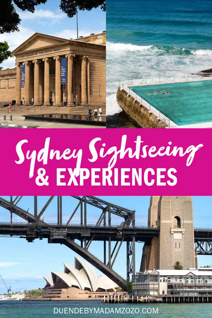 Images of the NSW Art Gallery, Bondi bathes, Sydney Harbour Bridge and Opera House with title "Sydney Sightseeing and Experiences"