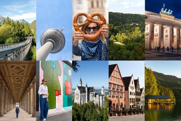 Image collage of places to visit in Germany, from the Alps to Brandenberg Gate