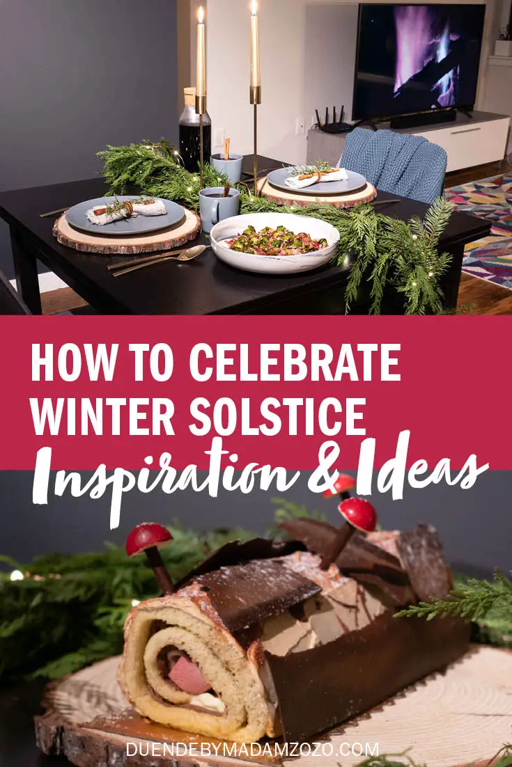 Photos of table set for winter solstice meal, with text overlay reading "How to Celebrate Winter Solstice - Inspiration and Ideas"