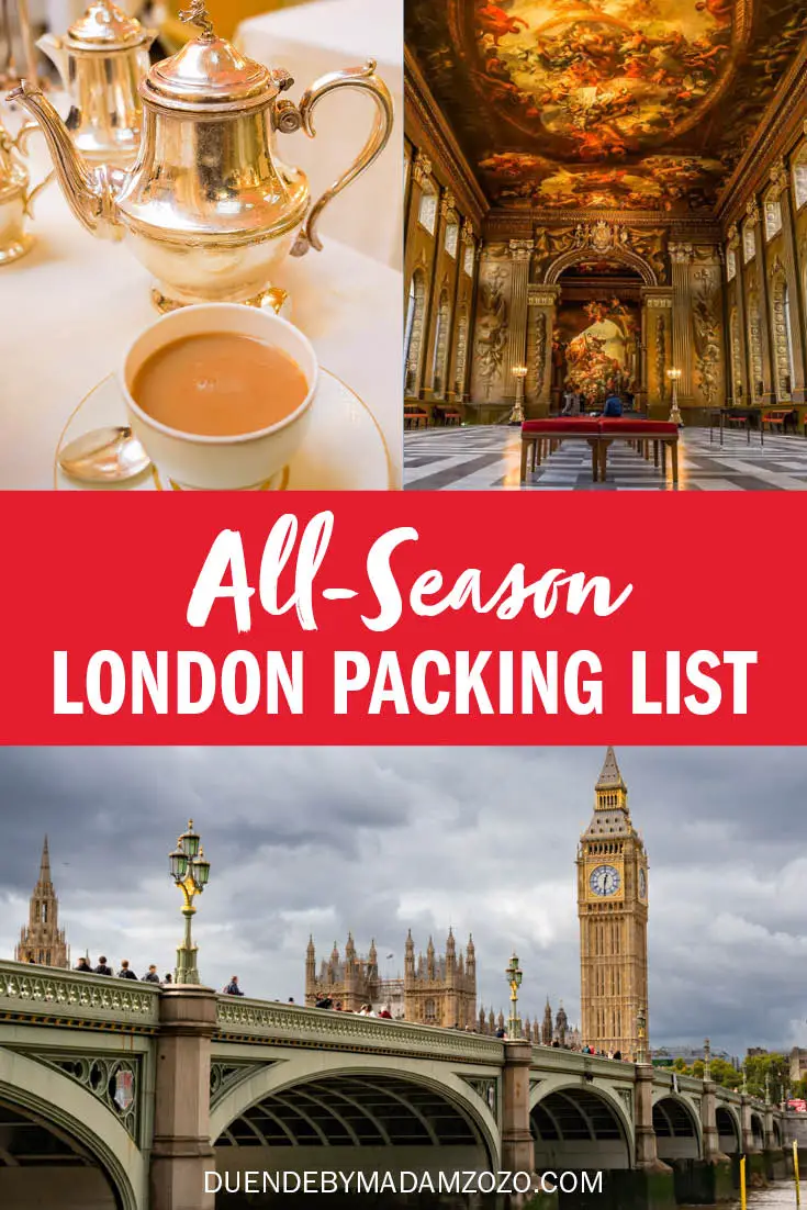 Images of afternoon tea, the Painted Hall and Westminster Bridge with Big Ben. Title reads "All-Season London Packing List"