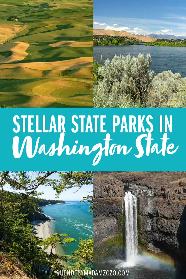 Images of various State Parks including beaches, waterfalls, rivers and hills with title "Stellar State Parks in Washington State"