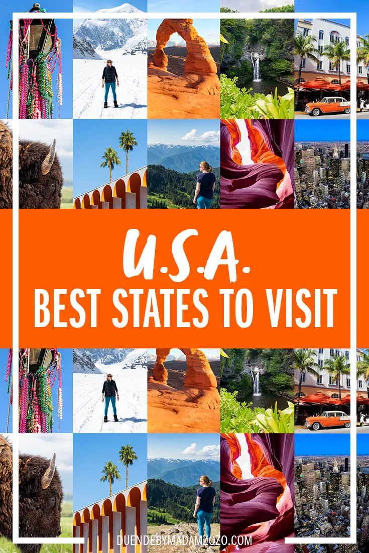 Collage of images of landscapes and cities with title "Best States to Visit USA"